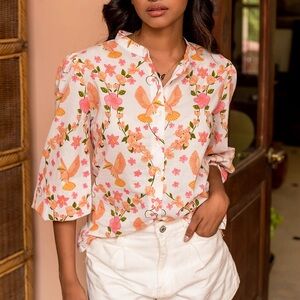 BEYOND By Vera Chiara Floral Hummingbird Print Blouse in Veranda Peach | S |